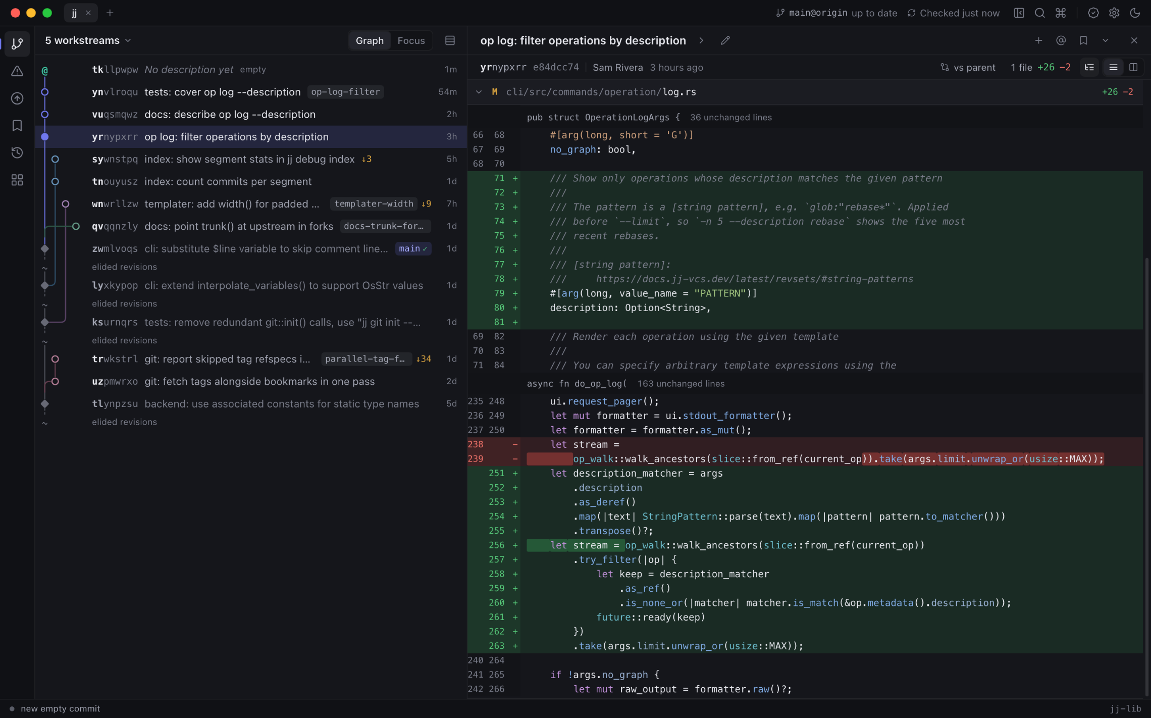 Jiji on the jj repository: five workstreams in the change graph, and the diff of a change that adds an op log filter