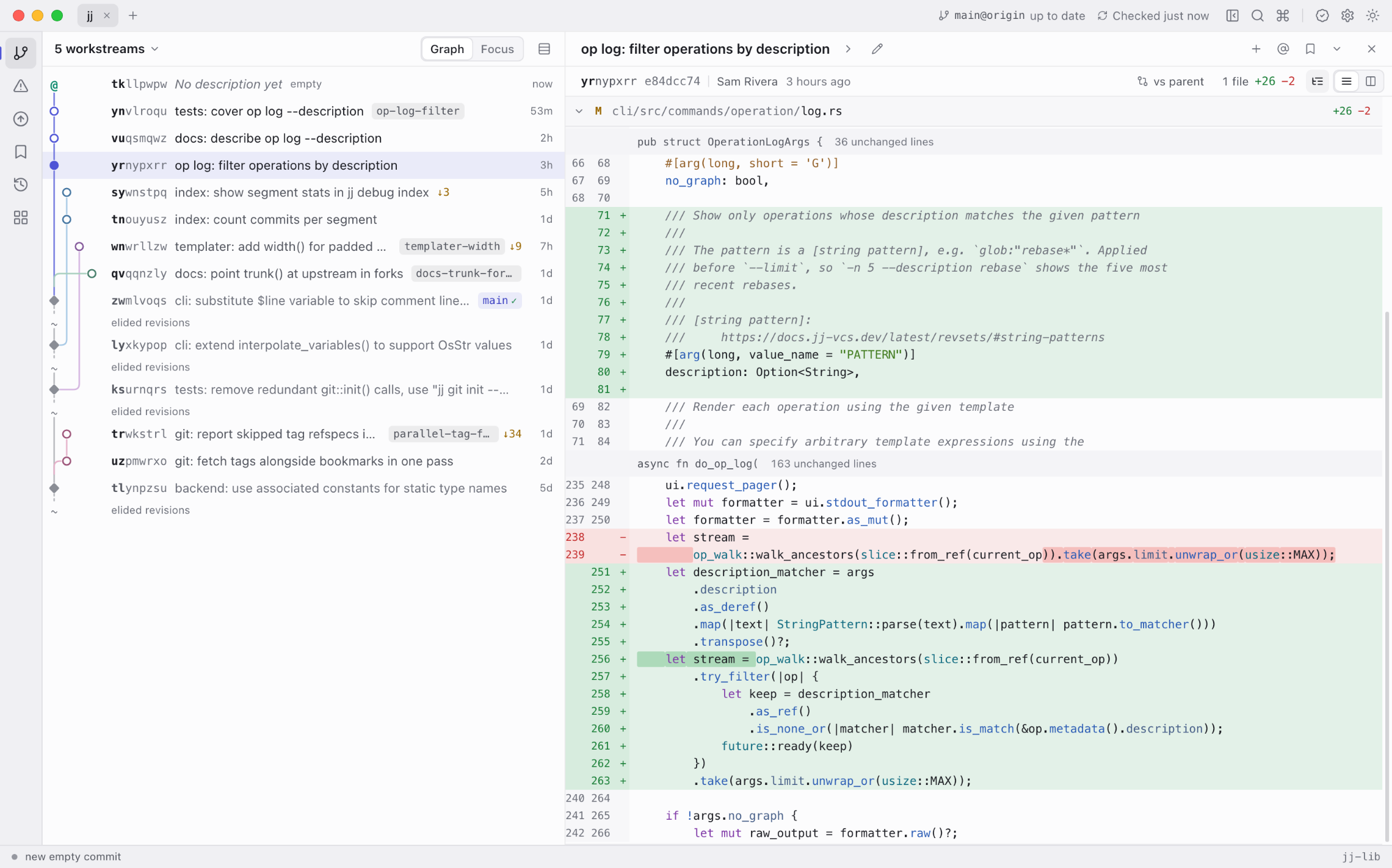 Jiji on the jj repository: five workstreams in the change graph, and the diff of a change that adds an op log filter